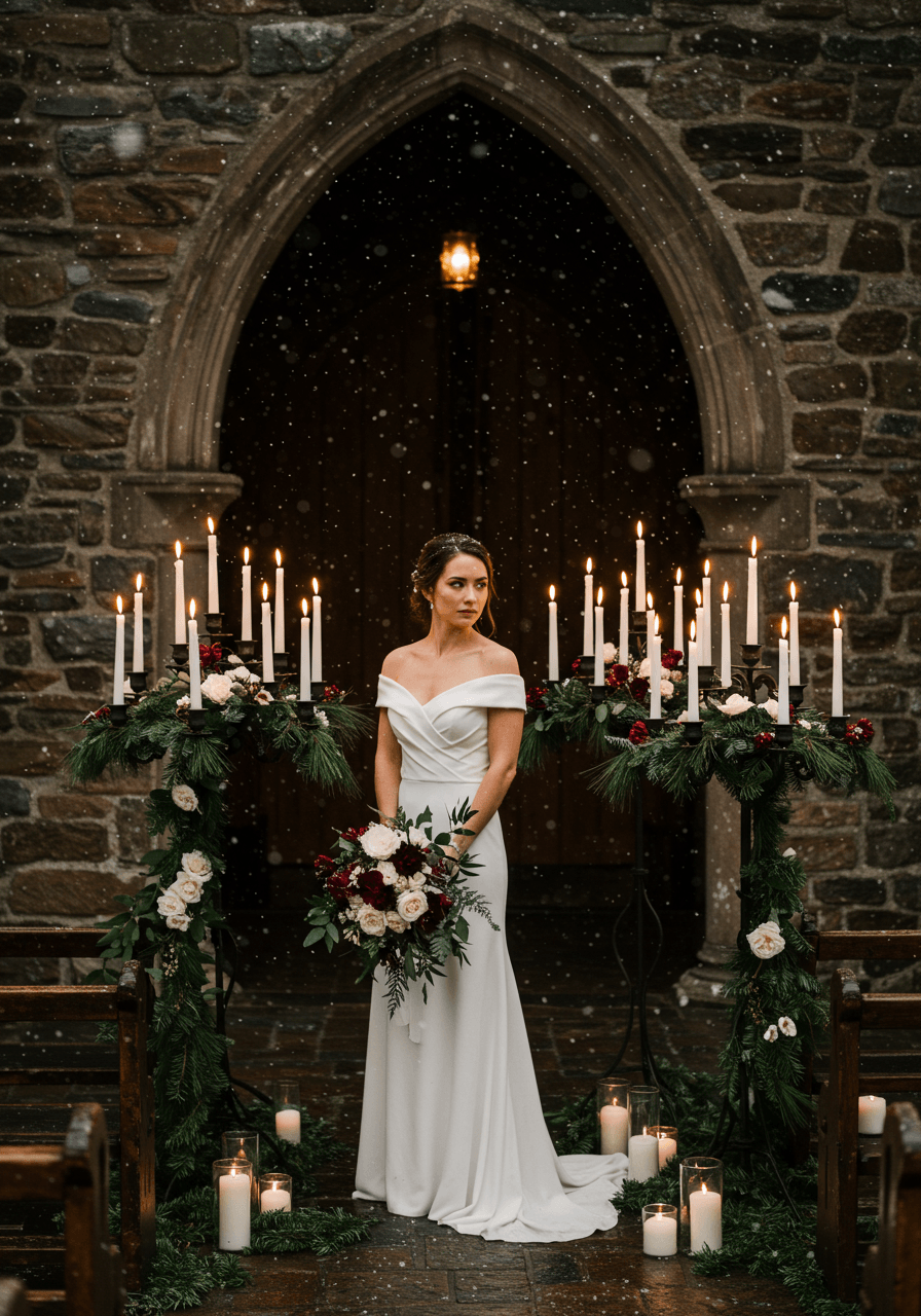 Bride in off-shoulder winter dress standing beside towering candelabras in rustic stone chapel