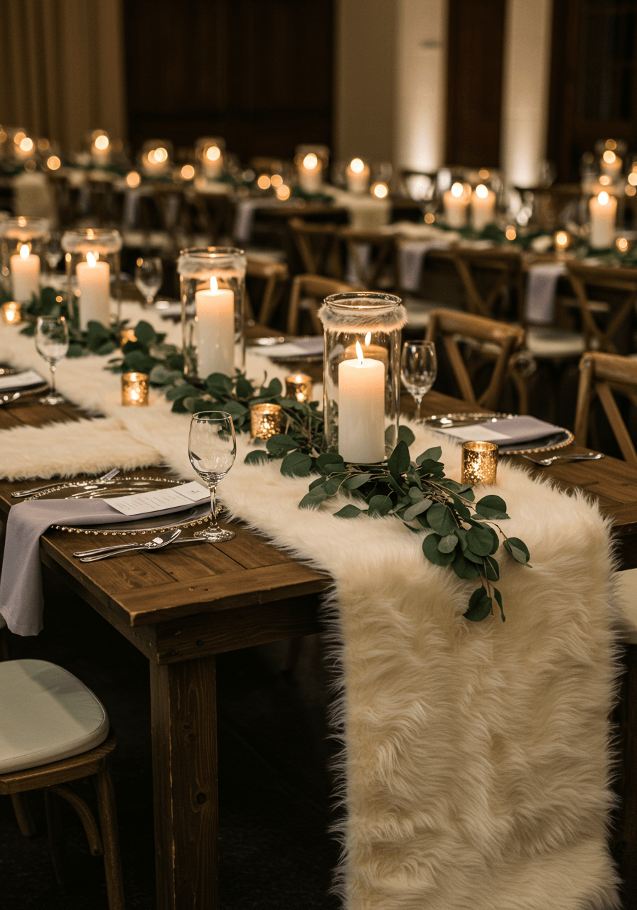 Luxurious cream and silver faux fur table runners with tall candles in hurricane lanterns