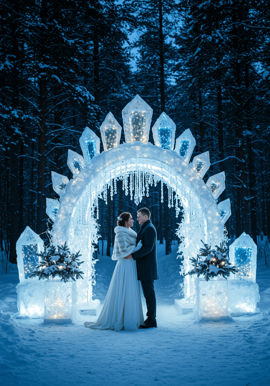 Bride and groom beneath elaborate LED-illuminated ice crystal archway in winter forest during twilight