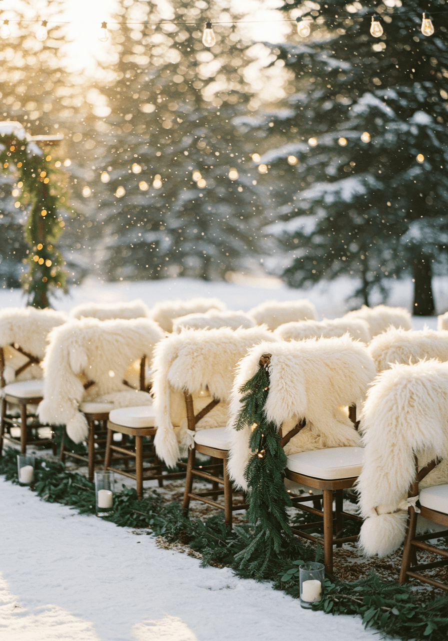 Vintage wooden ceremony chairs adorned with faux fur throws at outdoor winter wedding venue