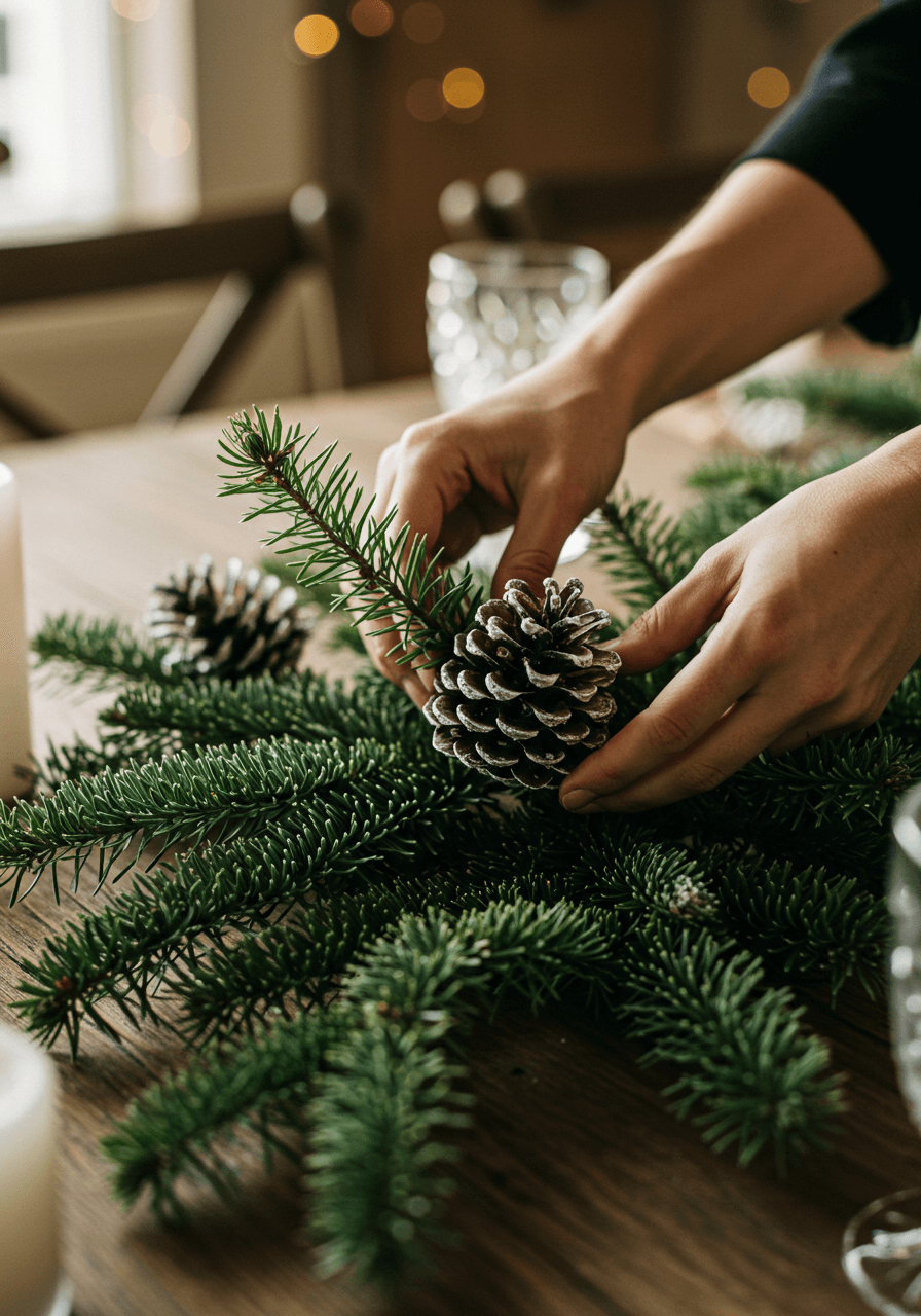 Hands carefully arranging frosted pinecones and evergreen branches on rustic wooden wedding table