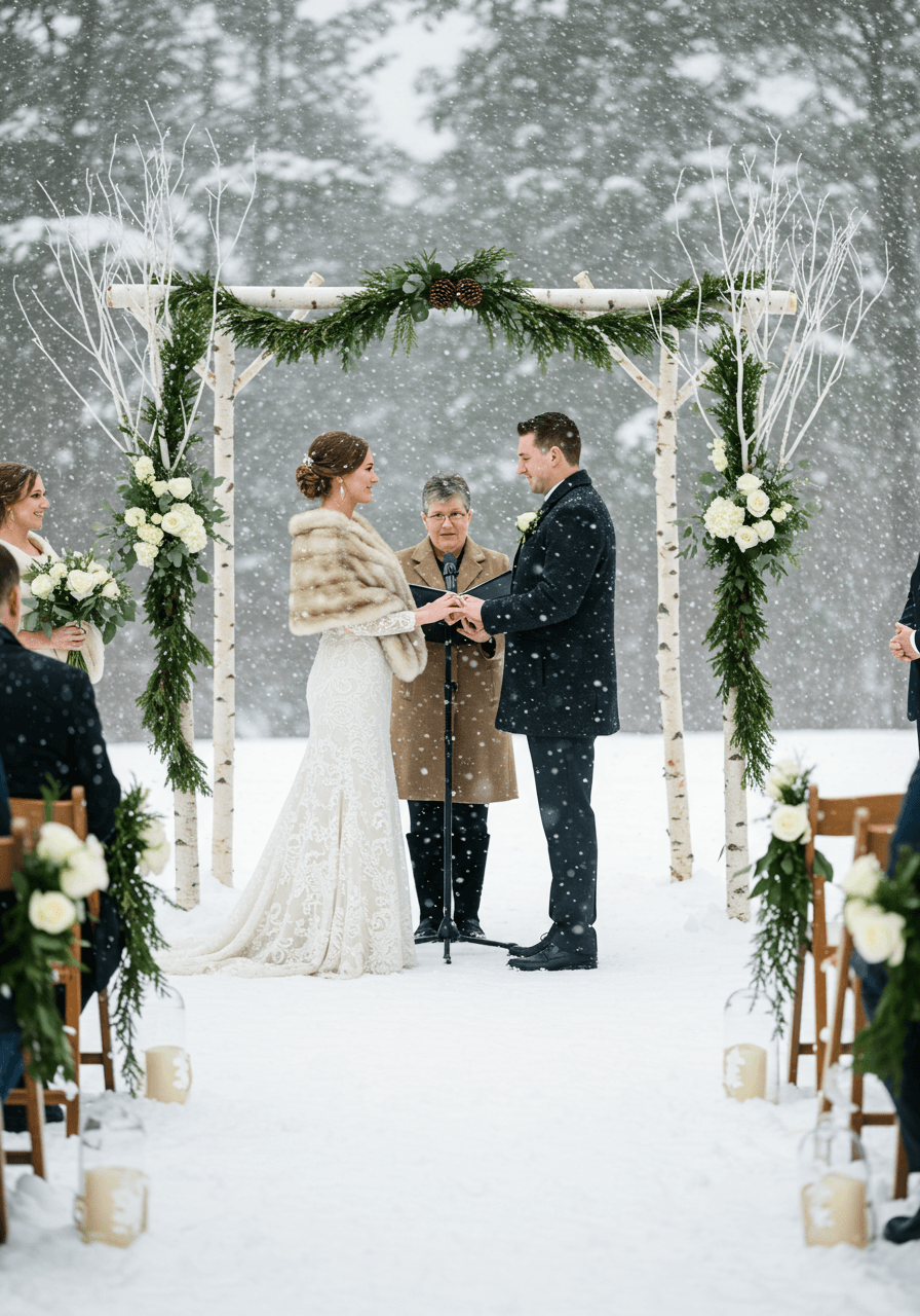 Bride and groom exchanging vows at snow-covered outdoor altar with white birch branches