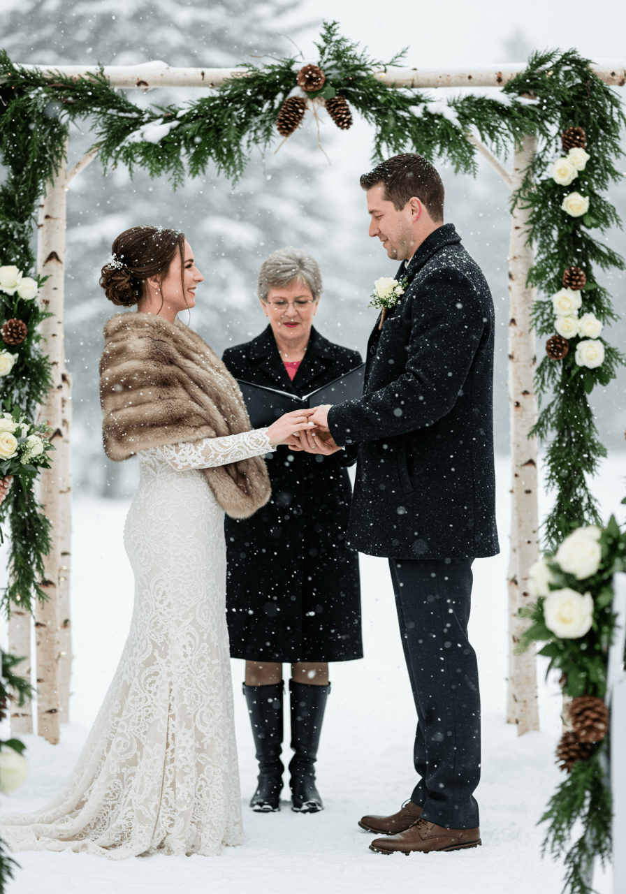 Close-up of couple's hands during intimate winter ceremony with gentle snowfall
