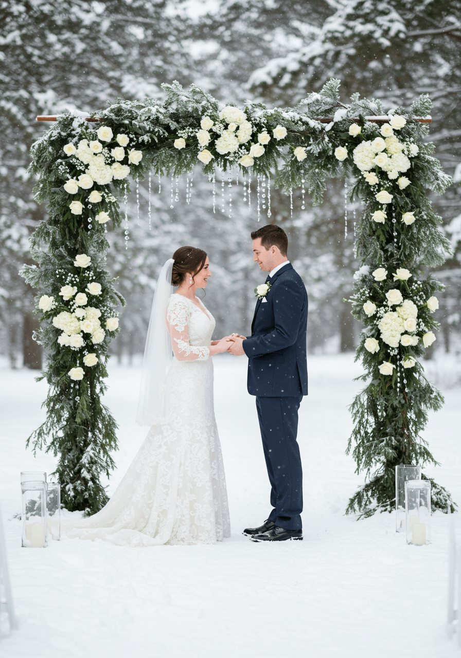 Bride and groom exchanging vows beneath snow-laden evergreen arch decorated with white roses in winter forest clearing