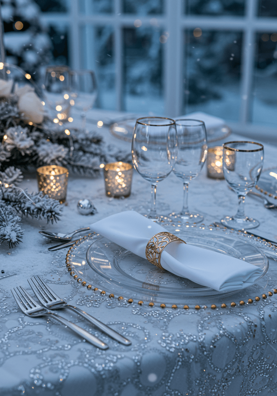 Close-up detail of shimmering silver charger plates with translucent glass dinnerware