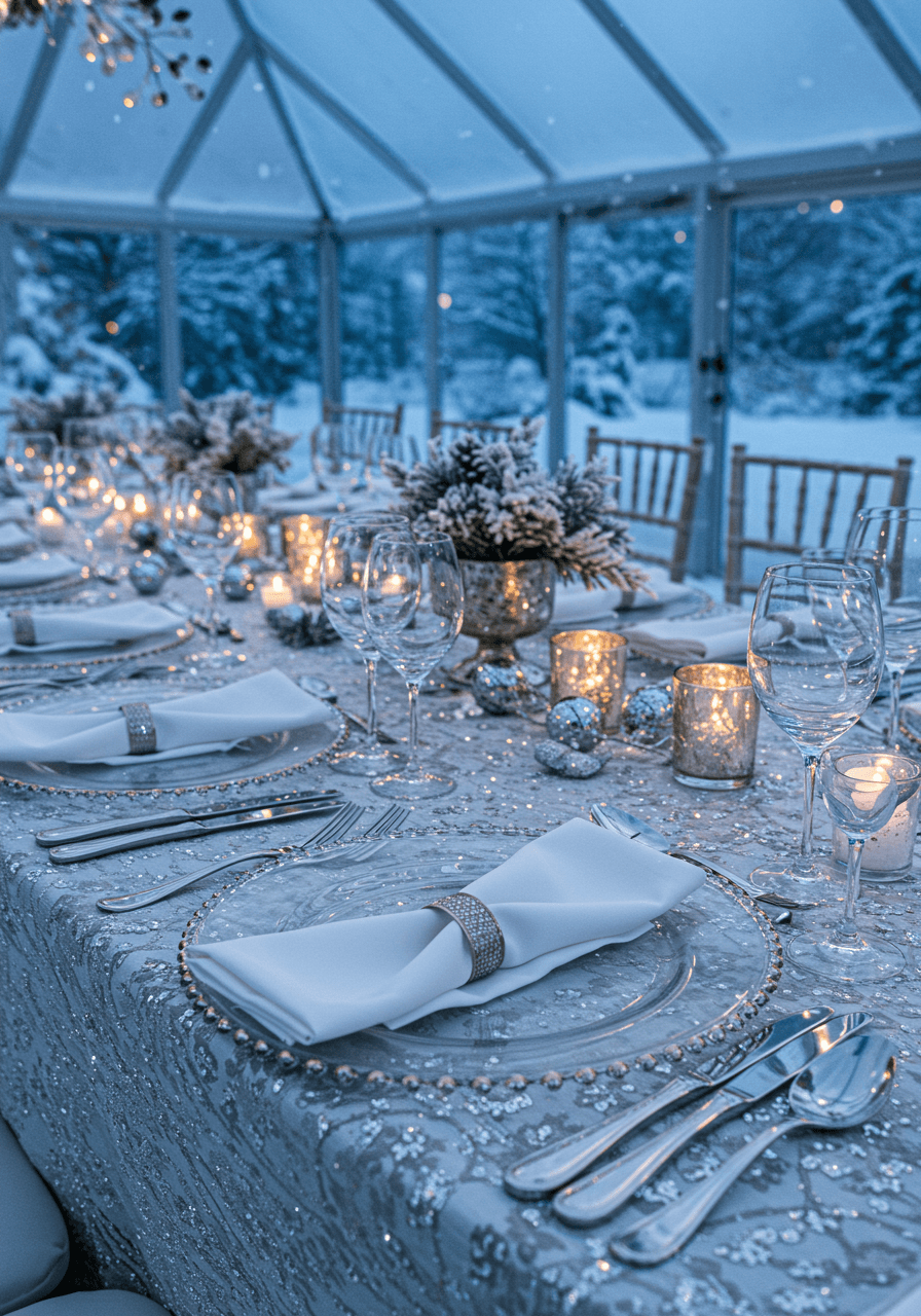 Wide view of winter wedding table setting in snow-covered conservatory with frosted windows