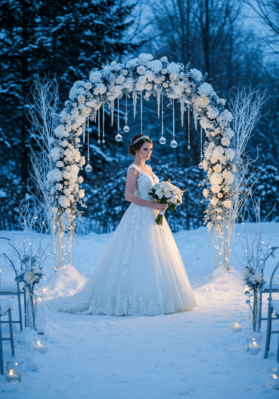 Bride in A-line dress with snowflake lace appliqués standing beside decorated ceremony arch