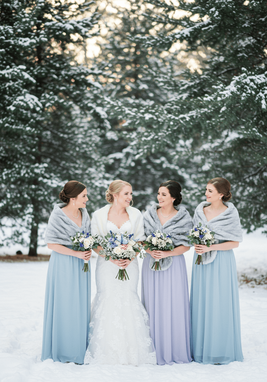 Four bridesmaids in coordinated dusty blue, lavender, and silvery grey dresses in snow-dusted evergreen grove