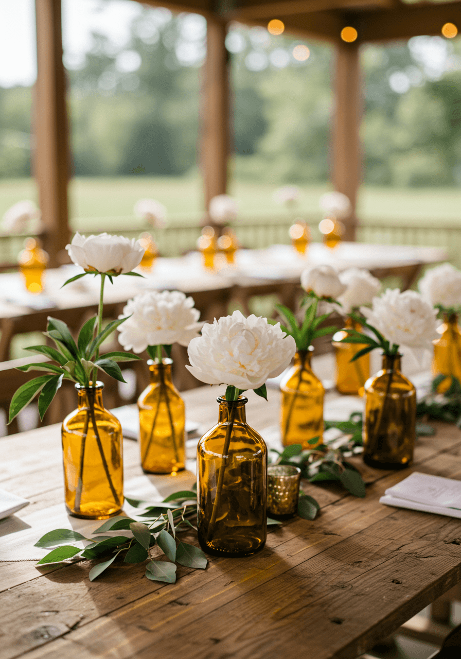 Collection of amber glass bud vases with single white peonies arranged on rustic farmhouse table in outdoor pavilion