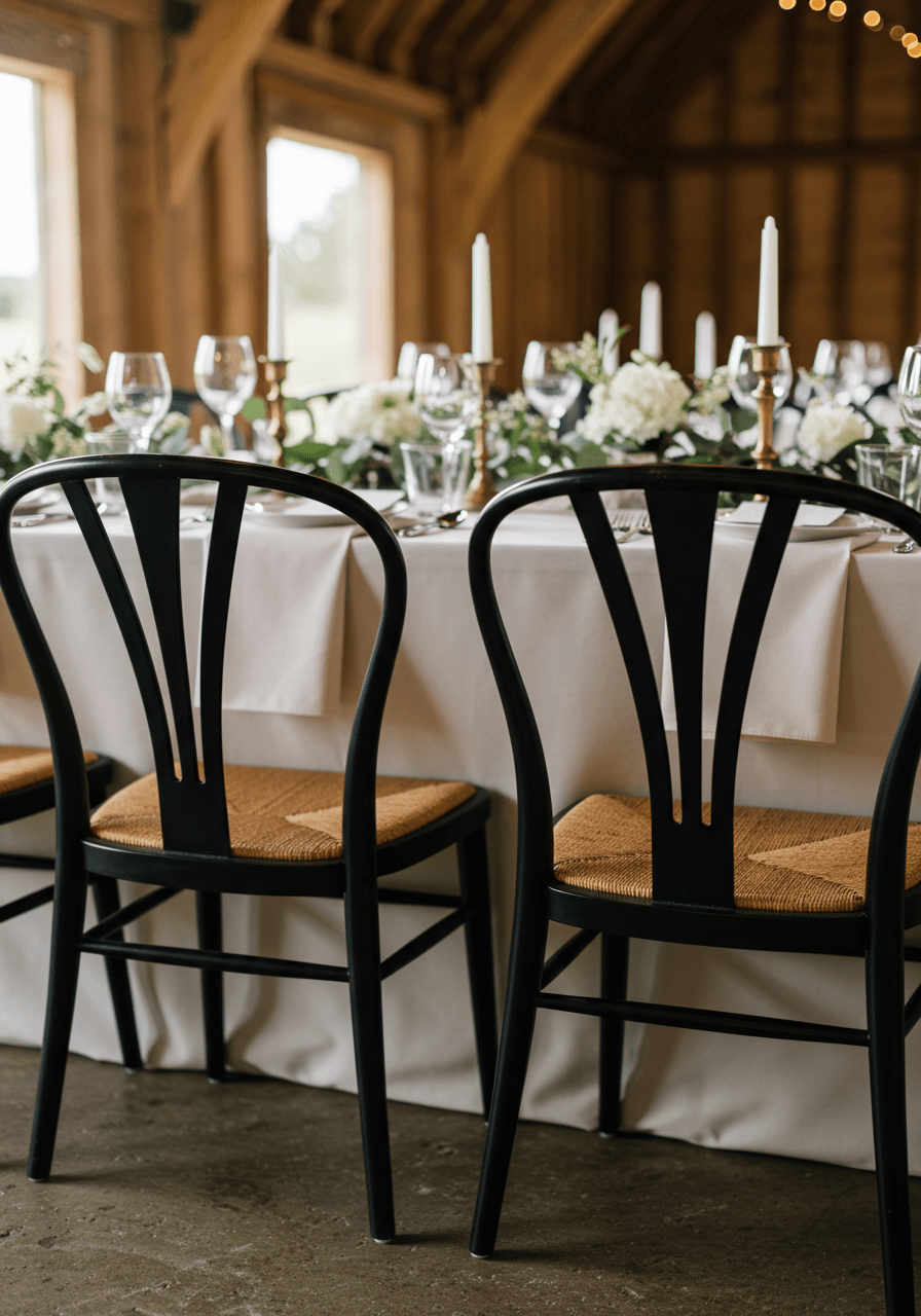 Detailed view of black wishbone chairs at farmhouse dining table with crisp white linens and eucalyptus centrepieces