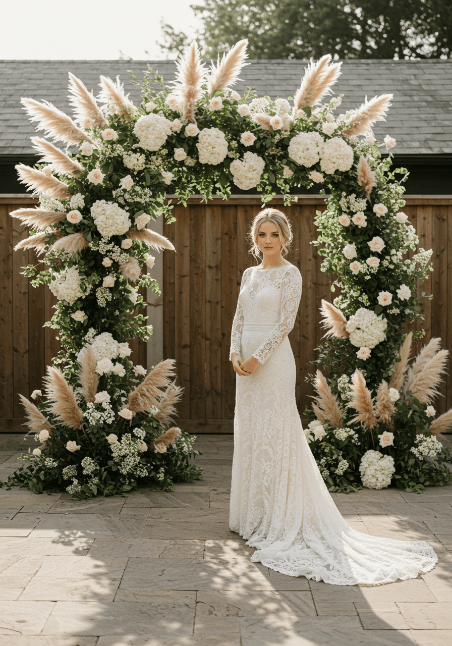 Bohemian bride in flowing lace dress standing beside elaborate floating floral cloud installation in farmhouse courtyard