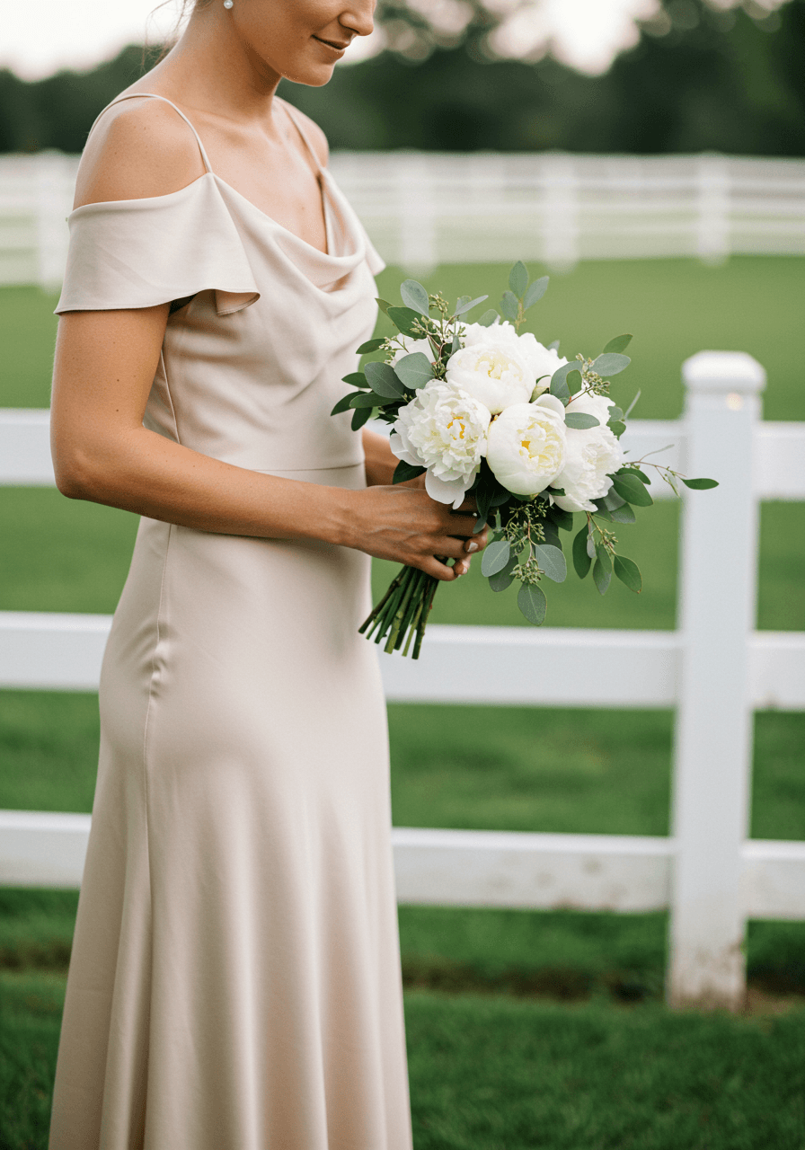 Elegant bridesmaid portrait with asymmetrical neckline dress and organic white flower bouquet by picket fence