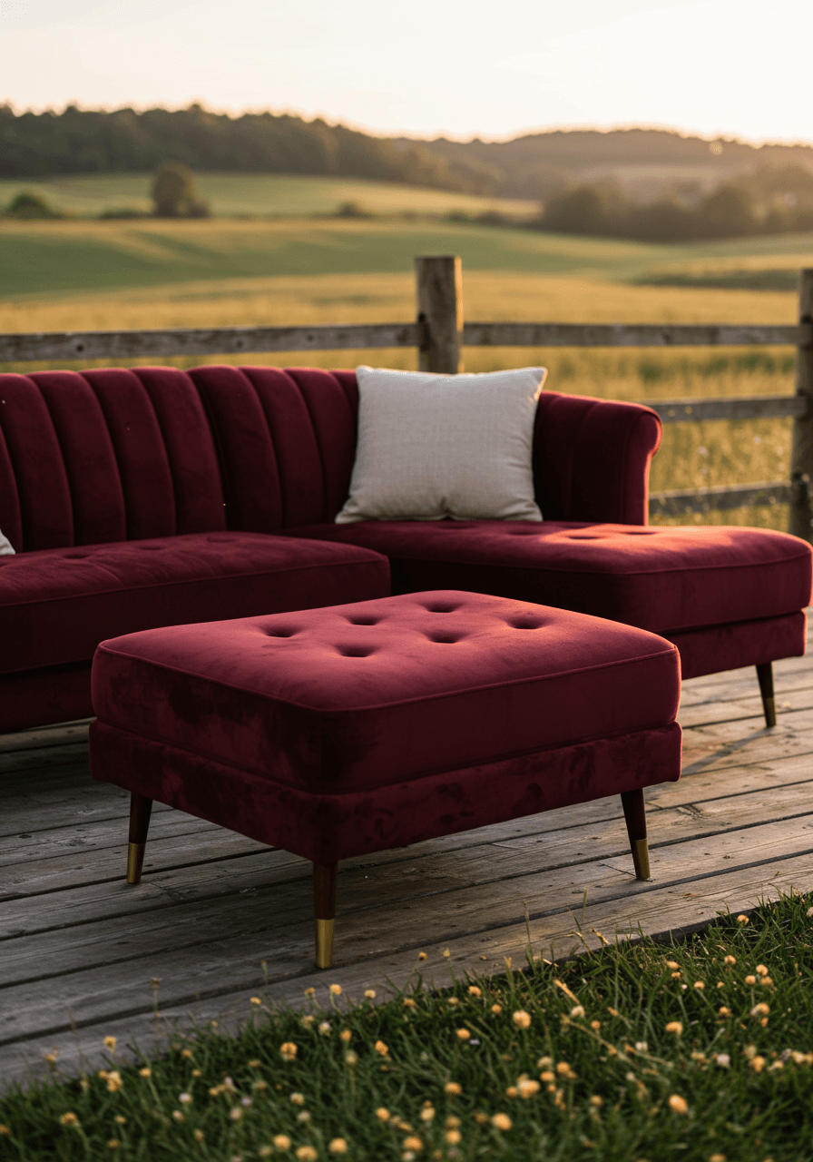 Mid-century burgundy velvet lounge furniture setup on rustic wood deck with pastoral farm views