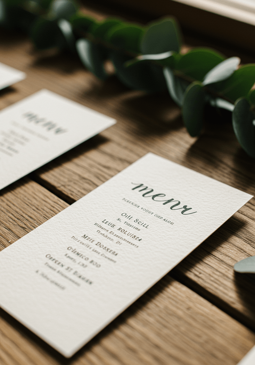 Bold sans-serif typography on textured cotton paper wedding menus displayed on rustic wooden farmhouse table
