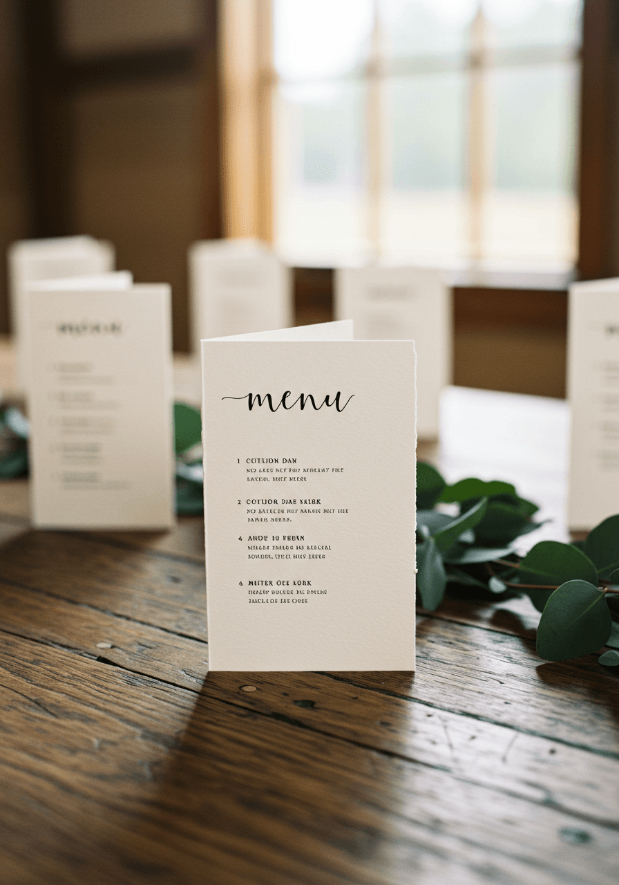 Clean black letterforms on textured cream cotton paper menu design for modern farmhouse wedding