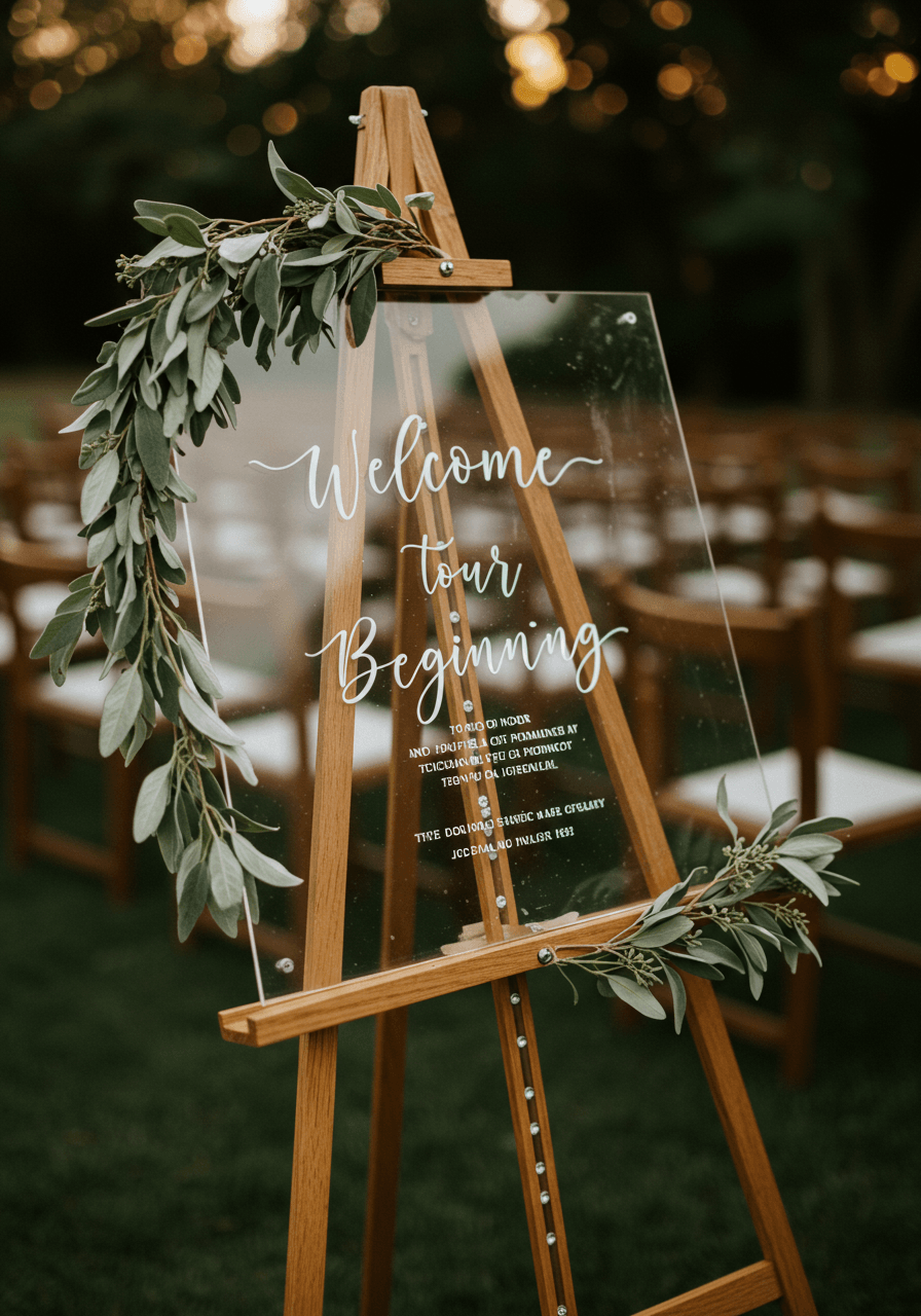 Clear acrylic welcome sign featuring black calligraphy on weathered wooden easel with eucalyptus garland accent