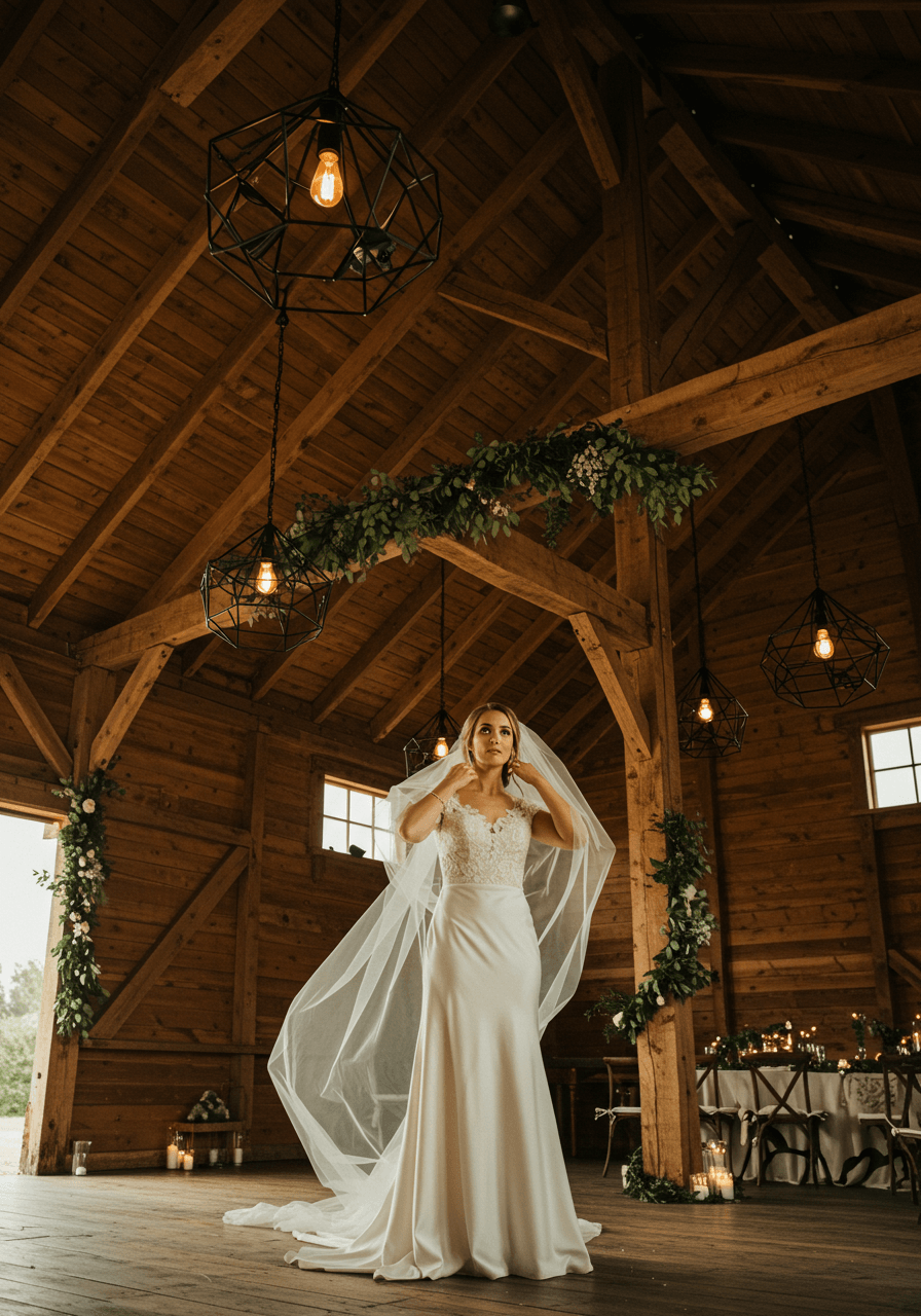 Elegant bridal portrait under industrial pendant lighting with exposed wooden ceiling beams and candlelight ambiance
