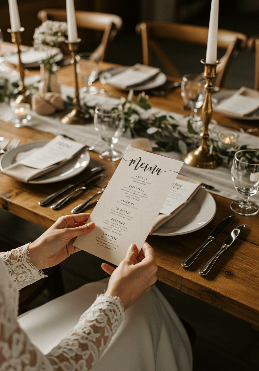 Detail of graceful hands holding modern wedding menu with clean sans-serif design at rustic table setting