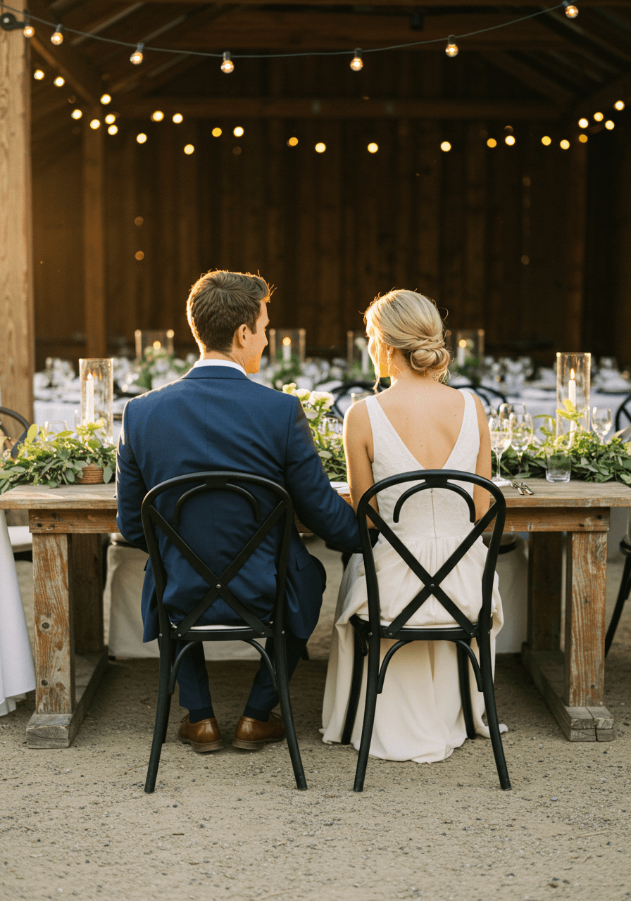Newlywed couple seated on elegant black wishbone chairs at rustic farmhouse reception during golden hour