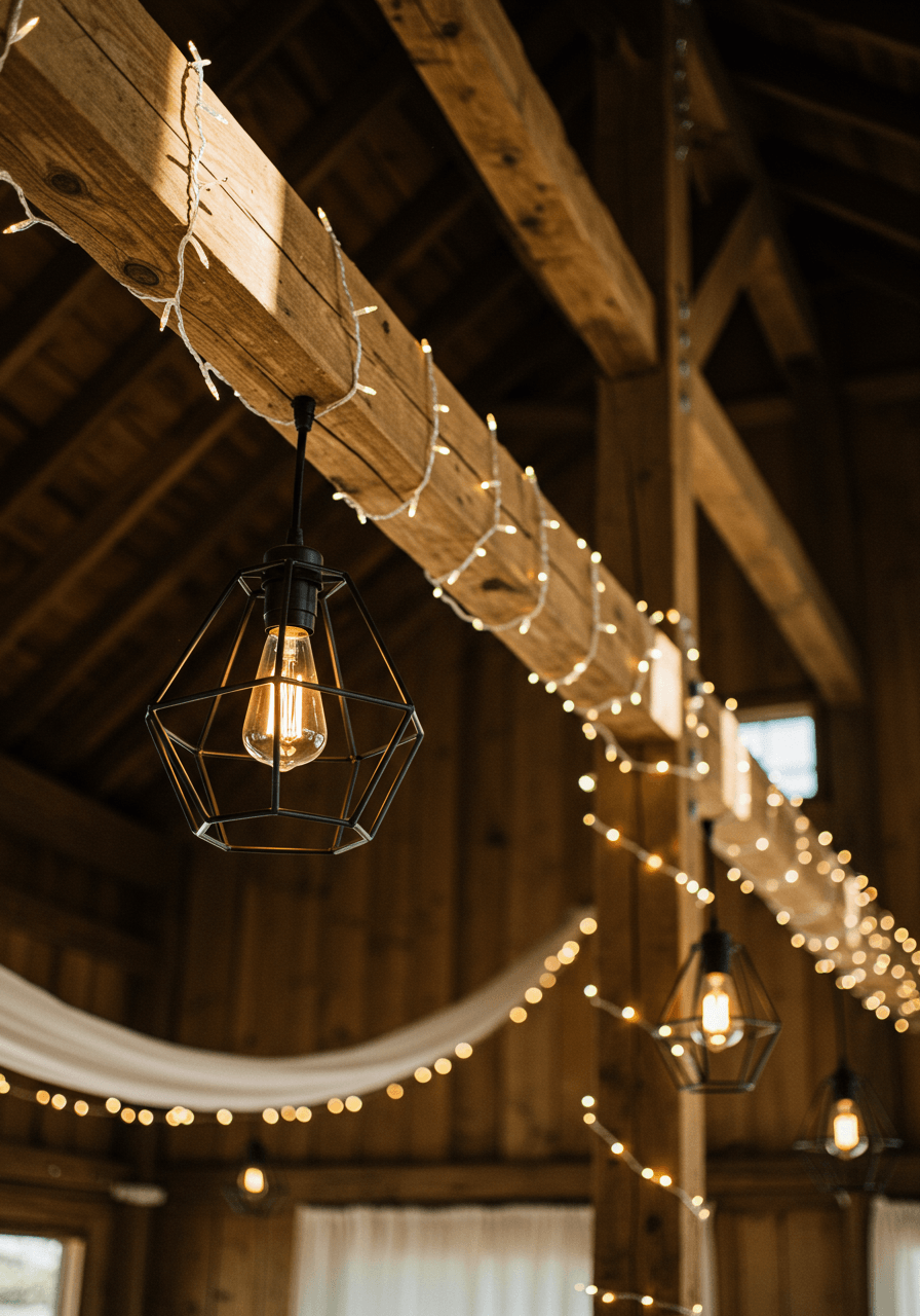 Bold geometric pendant light fixtures suspended from weathered wood ceiling beams with warm string lights