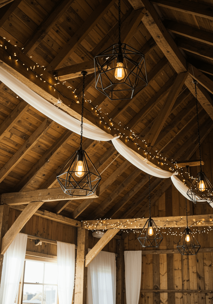 Dramatic black geometric pendant lights hanging from rustic exposed wooden beams in converted barn venue