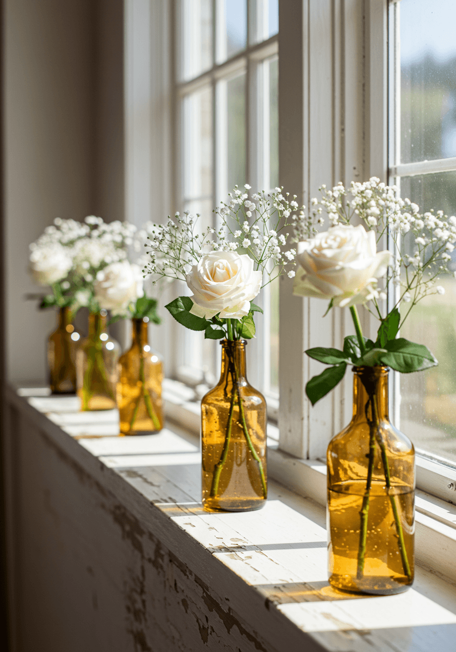 Single white roses and baby's breath in amber glass bud vases lined along converted barn windowsill with natural light