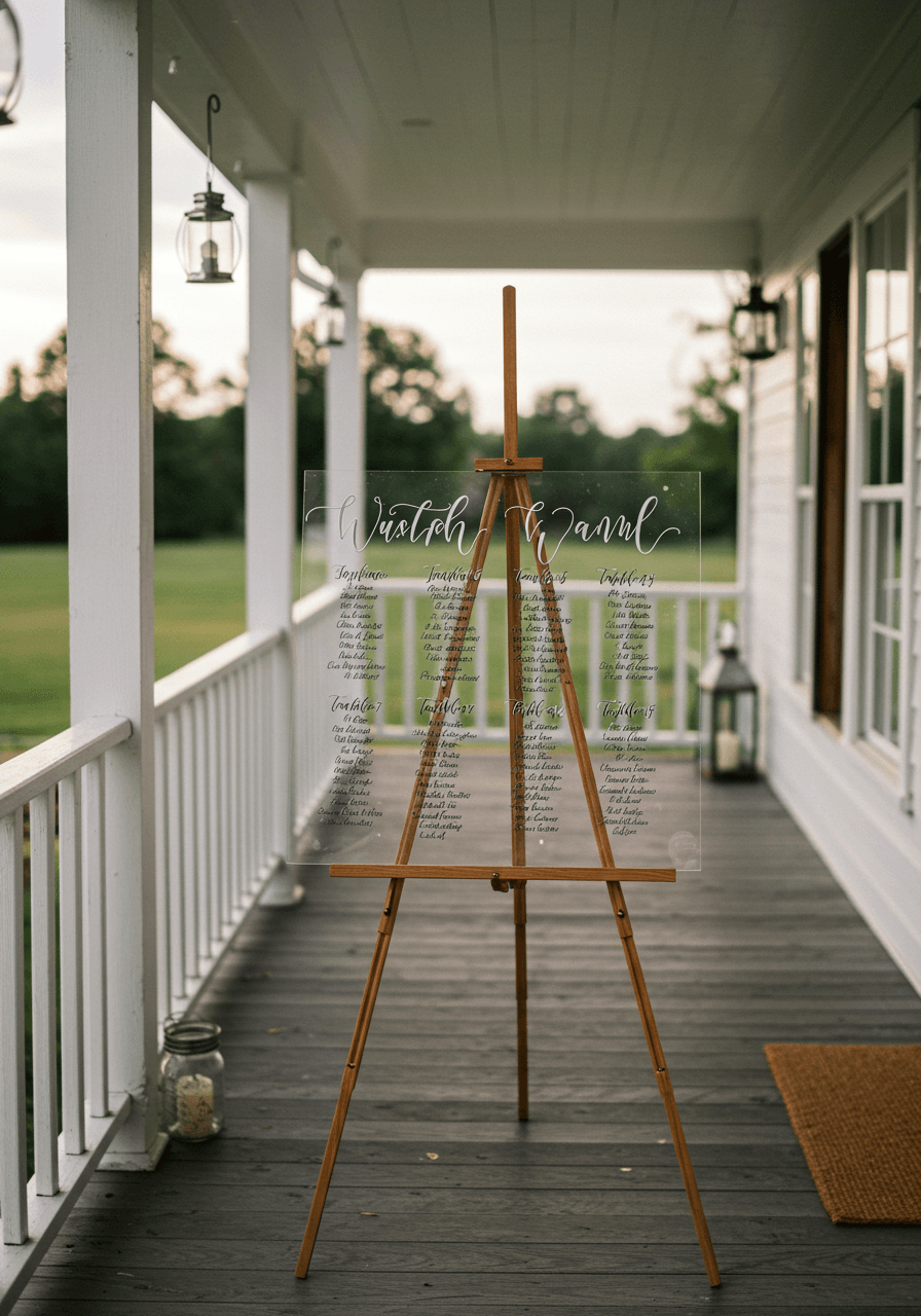 Lucite seating chart display with bold typography positioned on rustic wooden easel with mason jar details