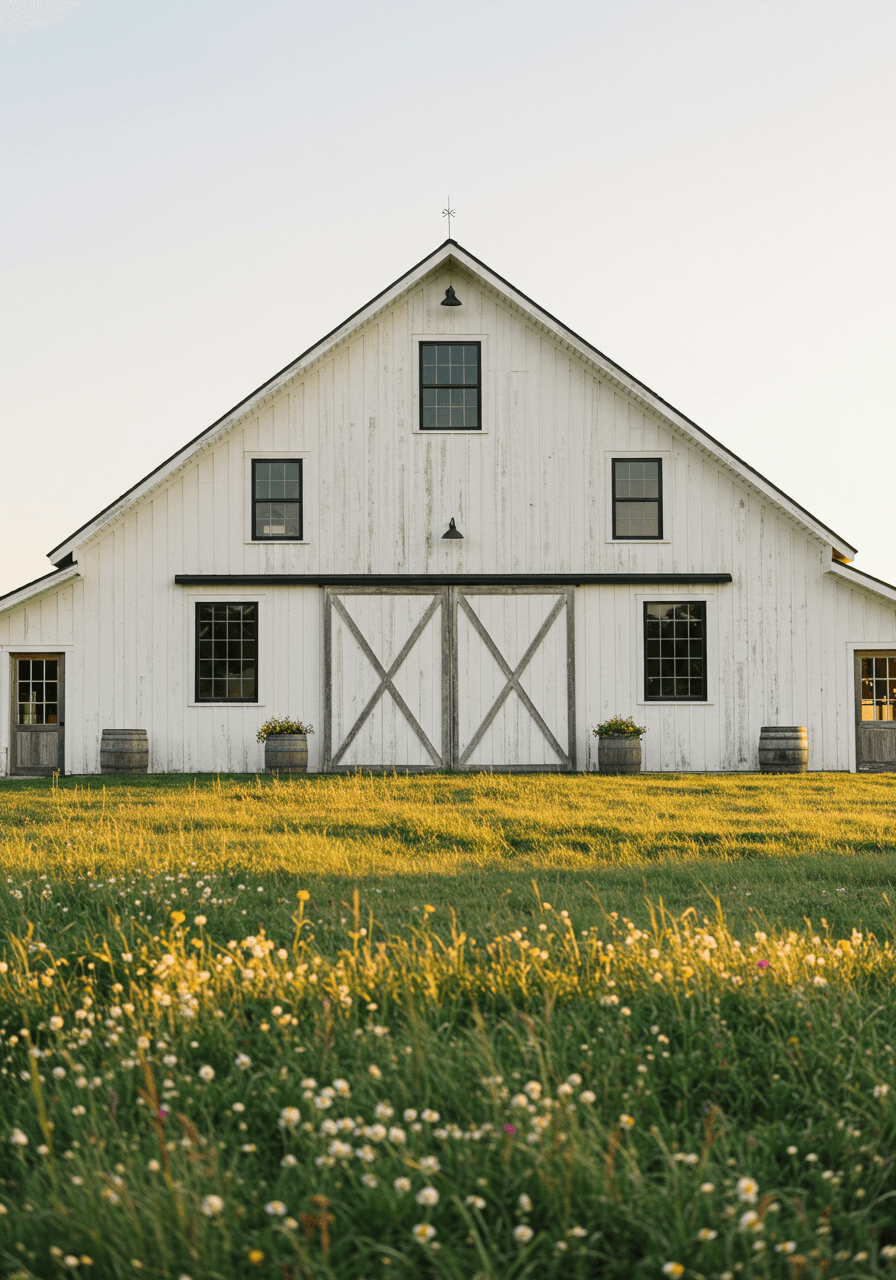 Pristine white wedding barn featuring dramatic black window frames set against golden hour countryside meadows