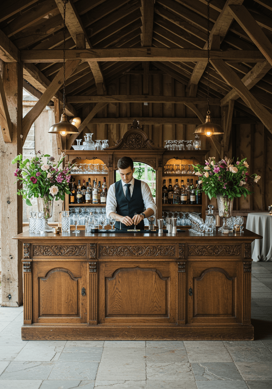 Professional bartender crafting drinks at ornate vintage sideboard cocktail station with exposed beam ceiling