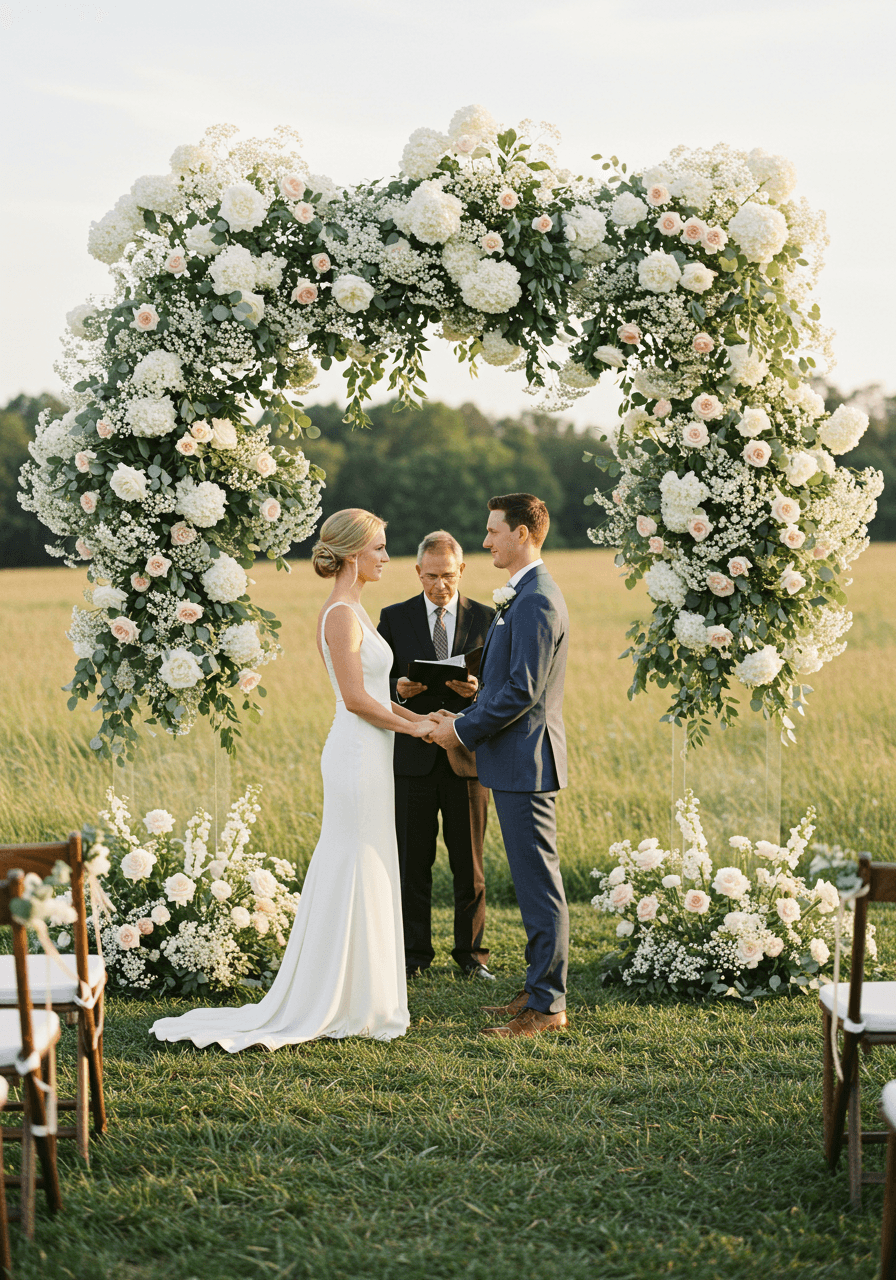 Couple exchanging heartfelt vows beneath stunning floating floral cloud installation in rustic meadow setting