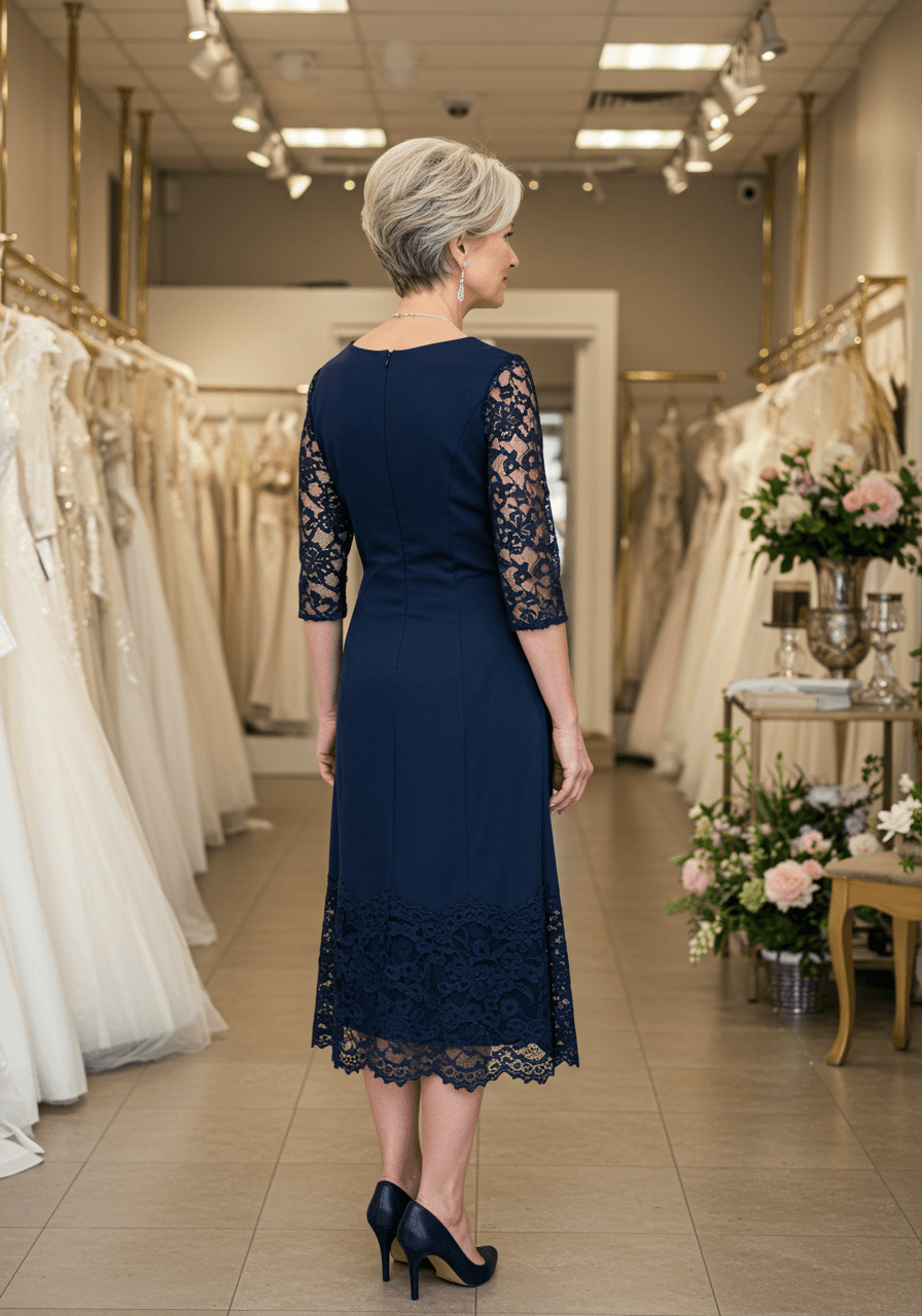 Sophisticated woman in her 50s wearing elegant navy blue lace dress in upscale bridal boutique interior
