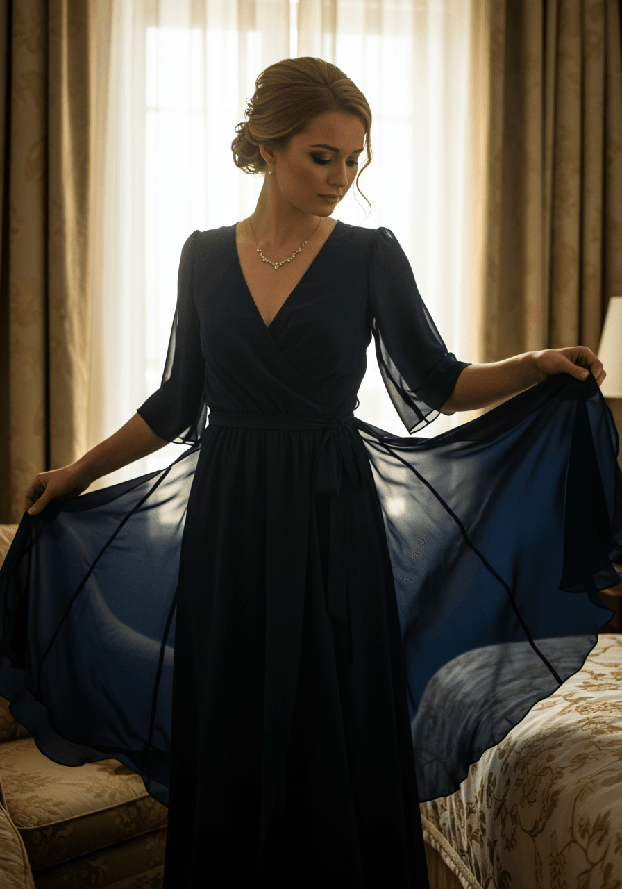 Mother of the bride smoothing navy chiffon wrap dress while getting ready in elegant hotel suite