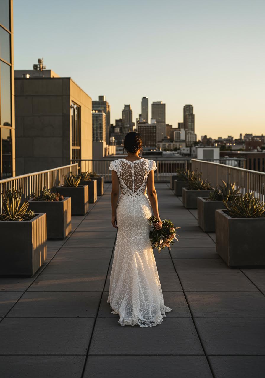 Bride in avant-garde geometric lace dress on urban rooftop during golden hour