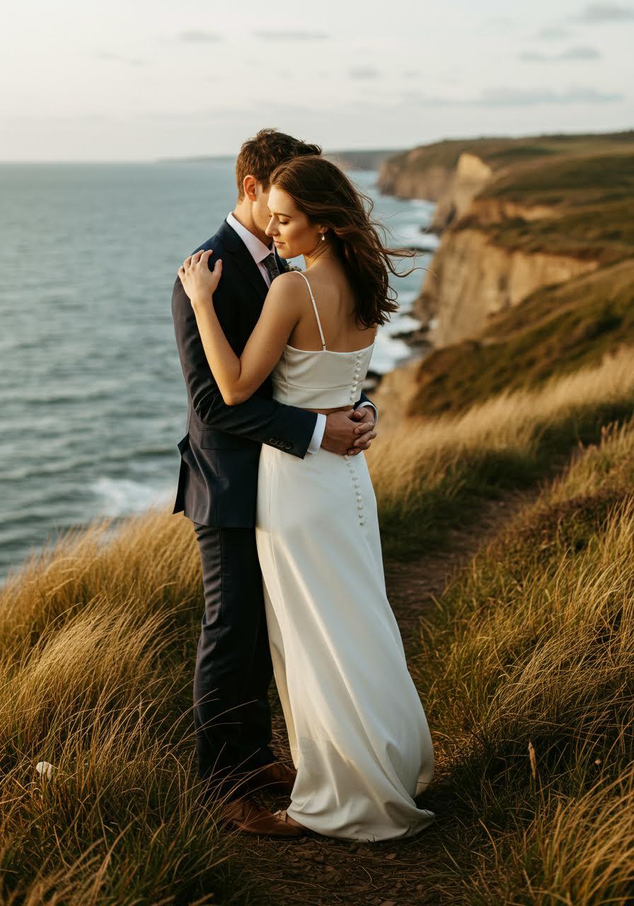 Intimate embrace of bridal couple showcasing two-piece wedding dress design