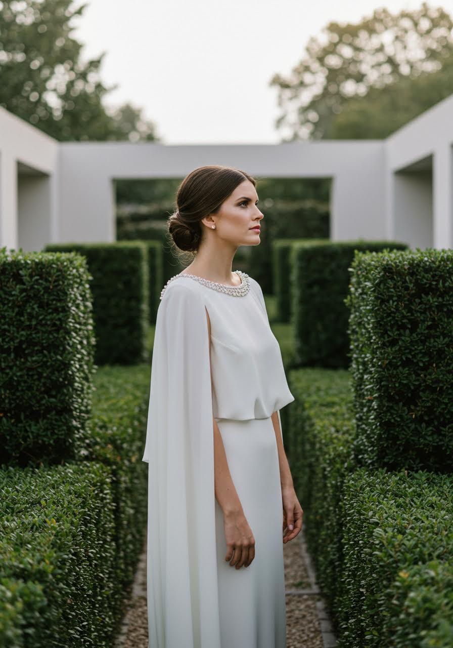 Bride walking through geometric hedged garden in short cape wedding dress