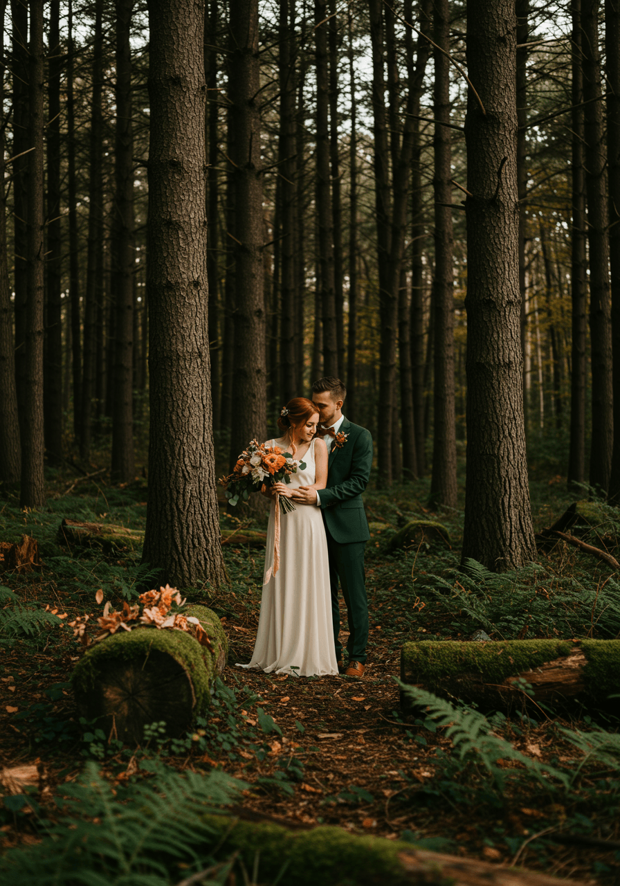 Bohemian bride and groom embracing in forest clearing with moss-covered logs and autumn leaves during golden hour
