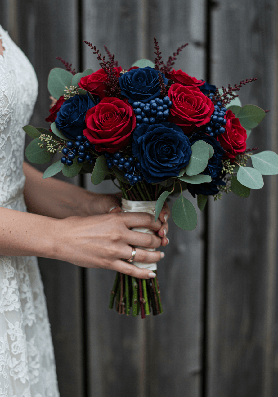 Bride's hands holding burgundy roses and navy blue eucalyptus bouquet against weathered barn wood