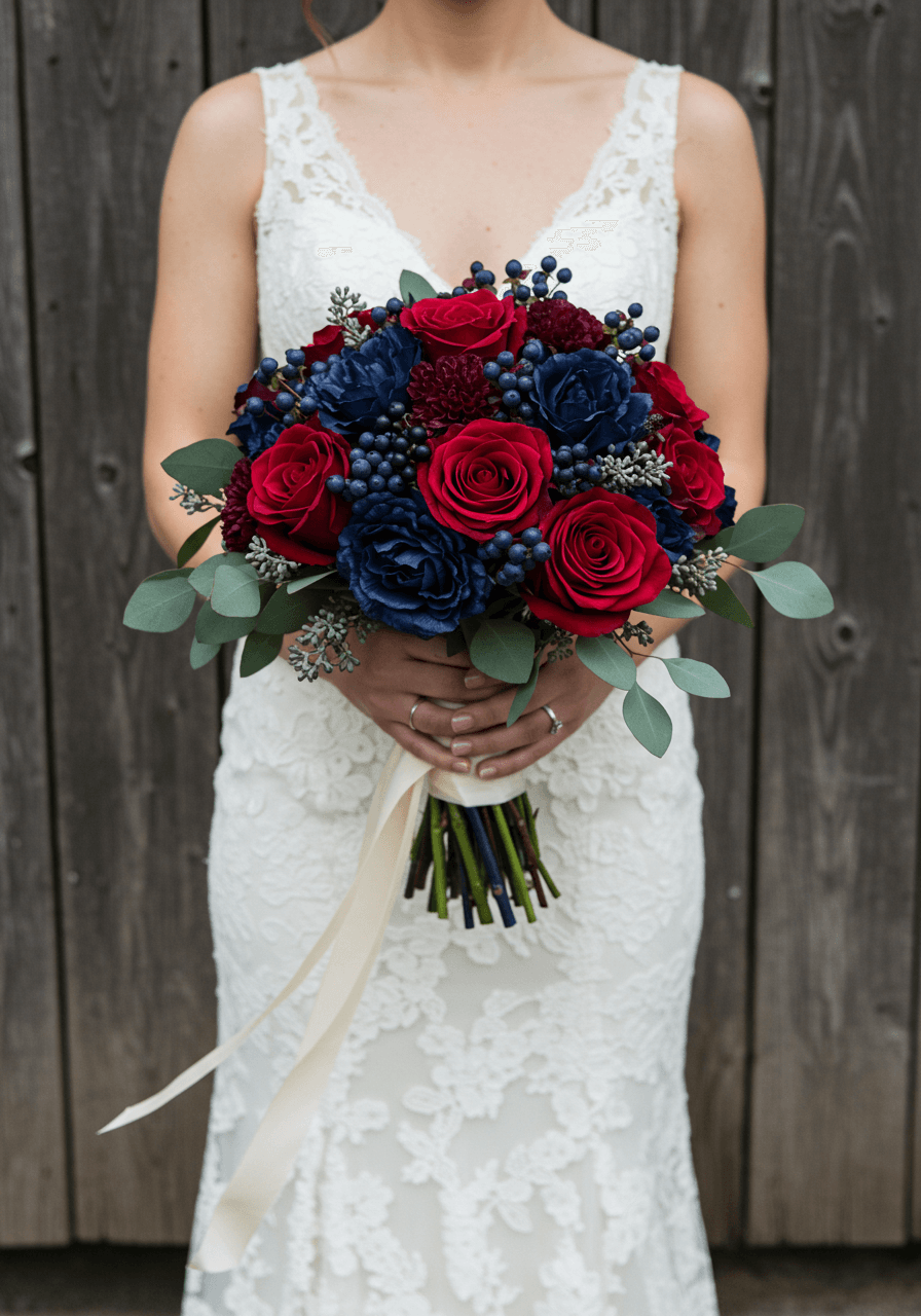 Beautiful bridal bouquet with burgundy roses, navy blue eucalyptus, and deep purple berries