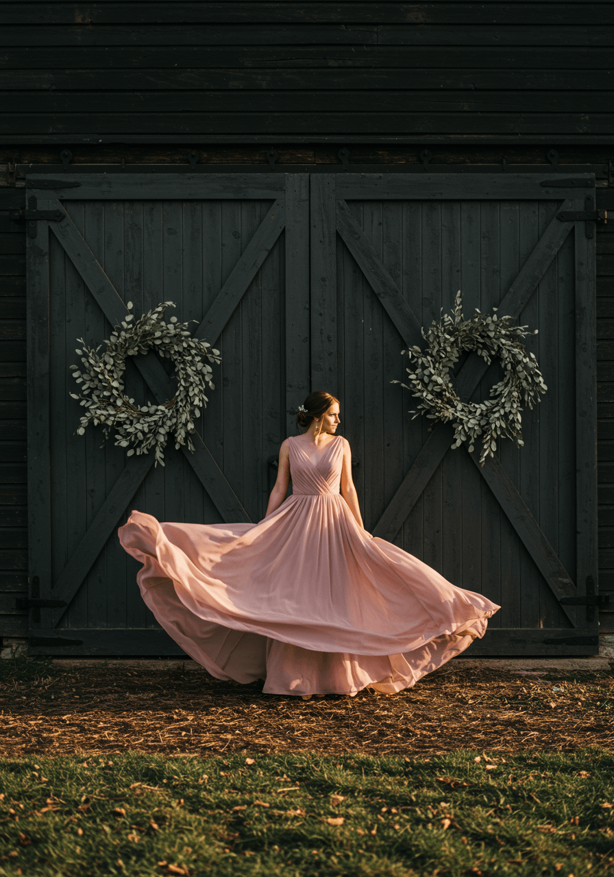 Bride in flowing dusty rose wedding dress standing against weathered charcoal barn doors during golden hour