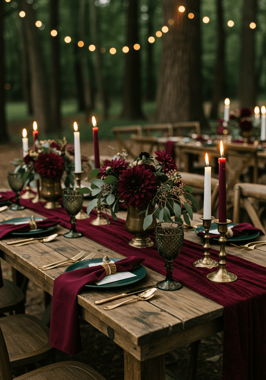 Elegant forest wedding tablescape with burgundy velvet runner, brass candlesticks, and wine-coloured dahlia centrepieces under string lights
