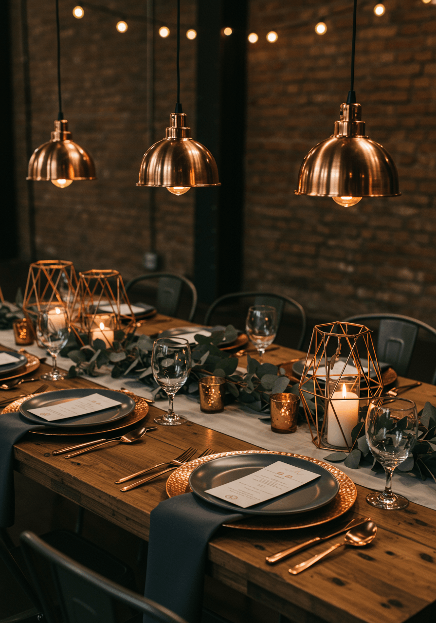 Industrial warehouse wedding reception with charcoal plates, copper flatware, and dramatic ambient lighting