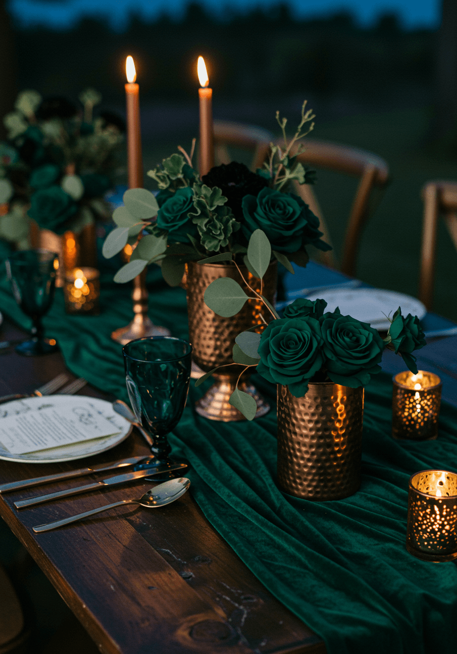 Luxurious wedding centrepiece with deep emerald roses in hammered copper vessels on dark wooden table