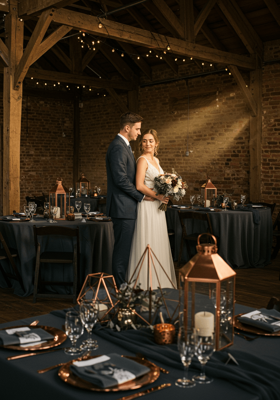 Bride and groom in rustic barn with charcoal grey linens and copper accents during golden hour lighting
