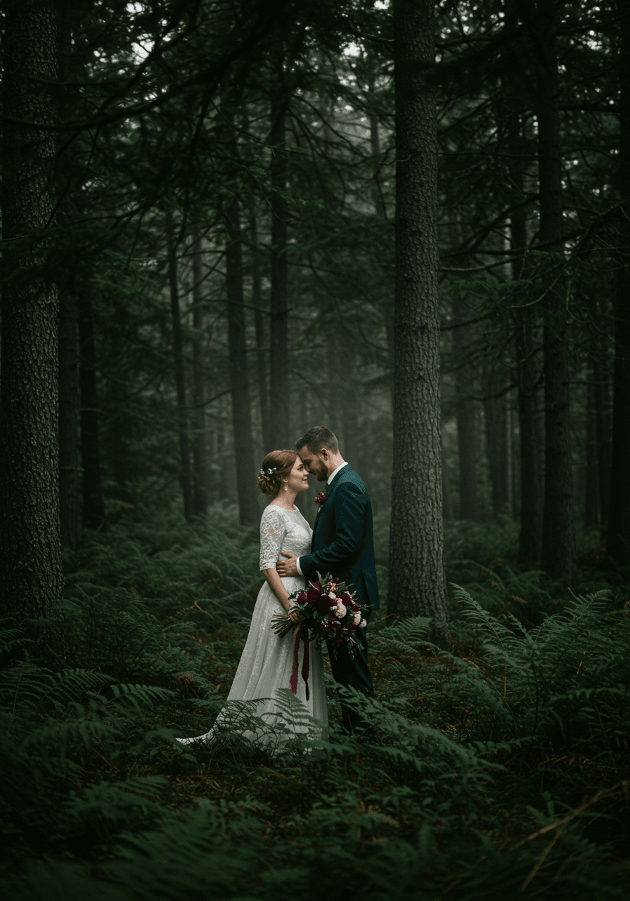 Bride and groom embracing in misty forest clearing with towering pine trees and burgundy florals during romantic twilight