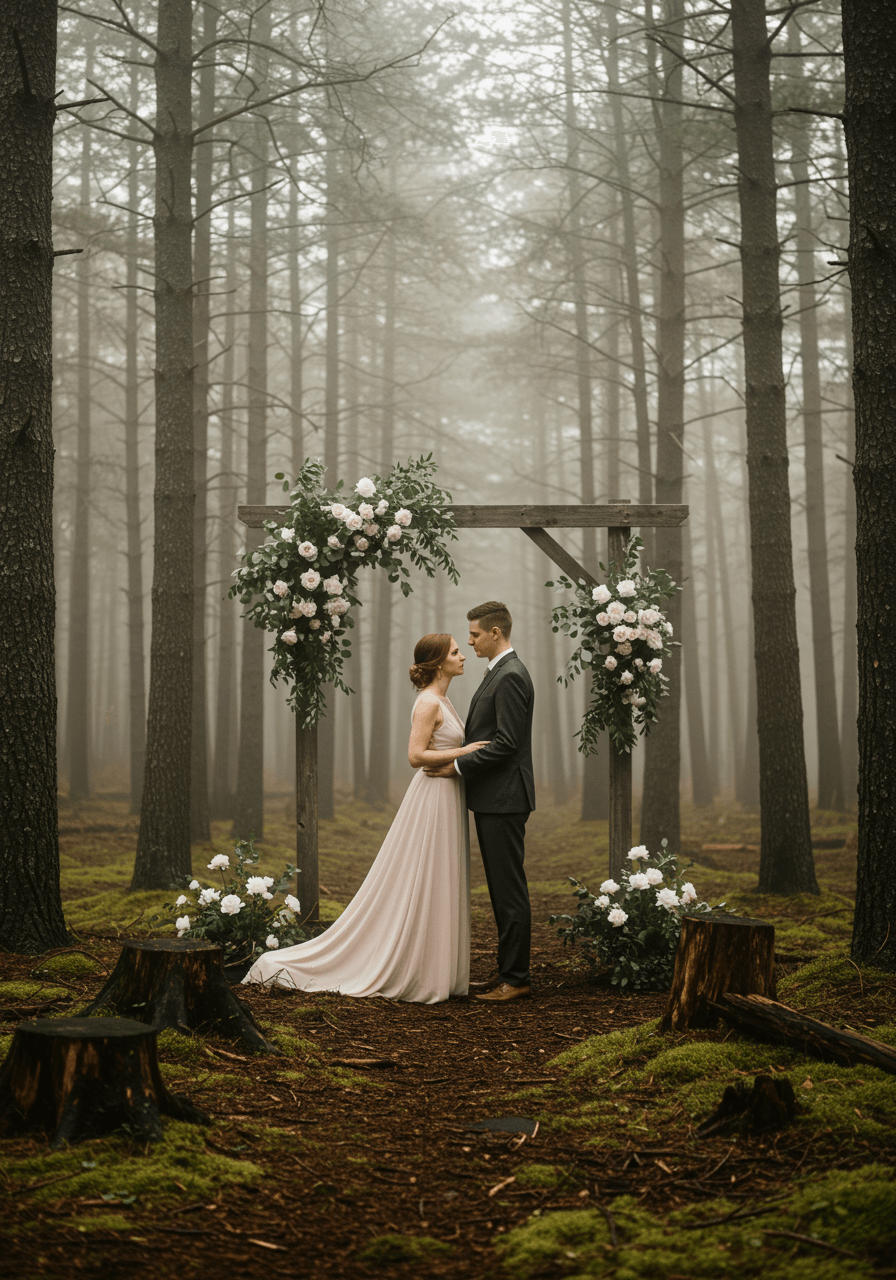 Bride and groom embracing in misty forest clearing with towering pine trees during overcast romantic lighting