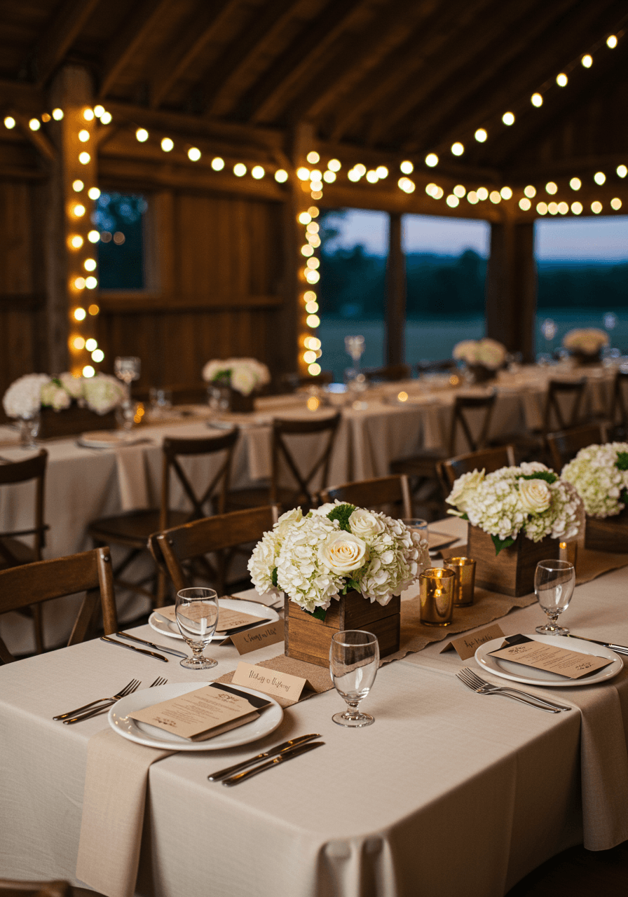 Rustic barn reception table with cream linens and espresso brown wooden chairs under twinkling string lights