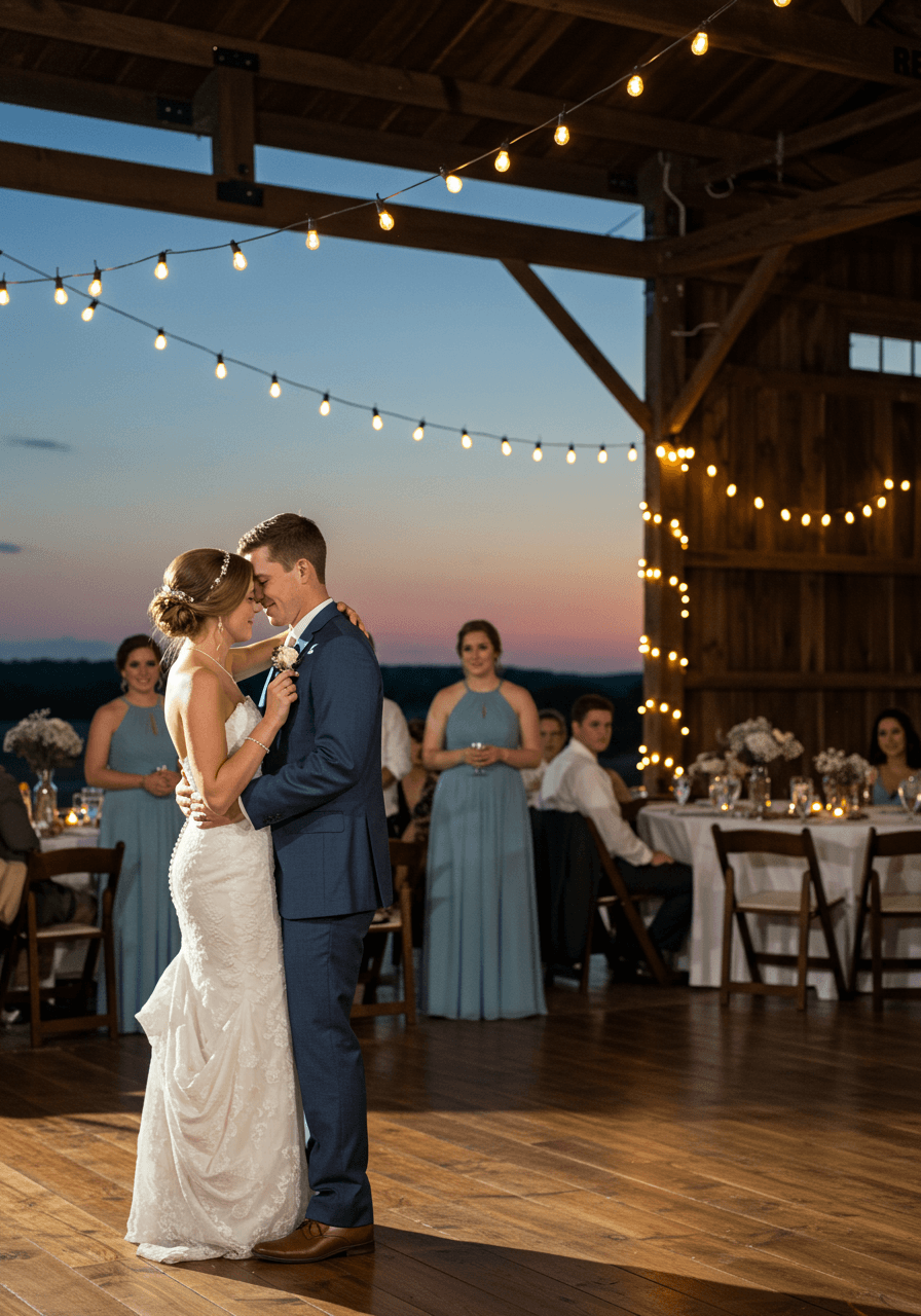 Bride and groom first dance in rustic barn with dusty blue bridesmaids and mason jar centrepieces