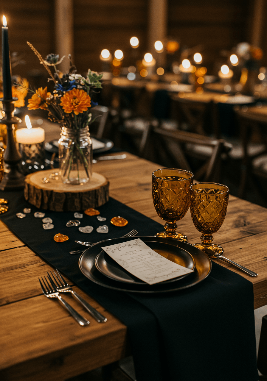 Rustic barn wedding reception with black linens and amber glassware in dramatic candlelight
