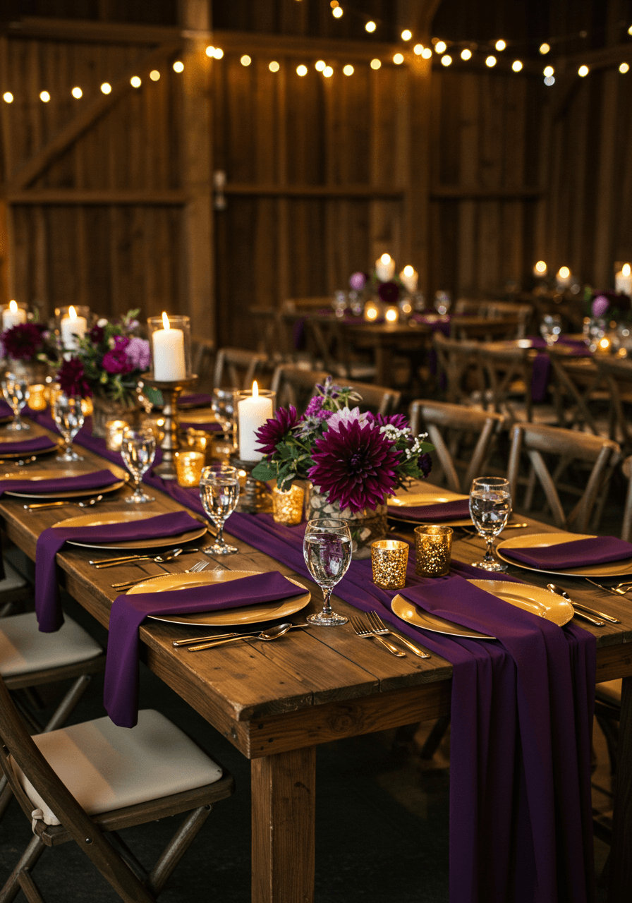 Wide view of purple and gold barn reception with string lights and elegant place settings