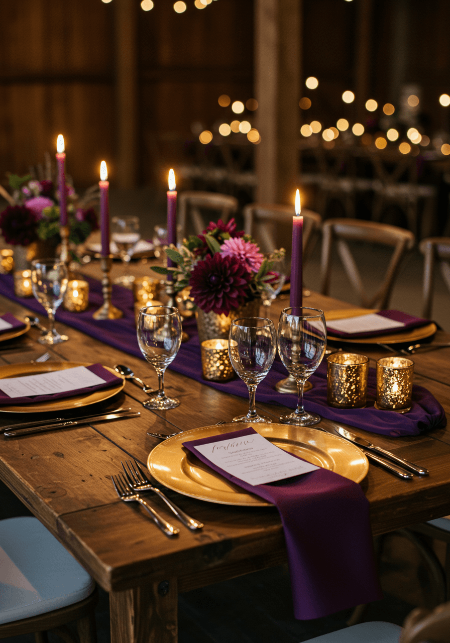 Rustic barn wedding reception with deep purple linens and gold charger plates in candlelight